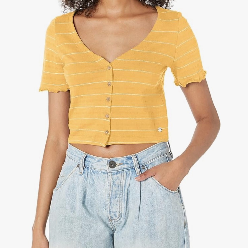 Roxy Women's Short Sleeve Crop Top 100% Cotton Size L Yellow Y2K Retro Soft Girl